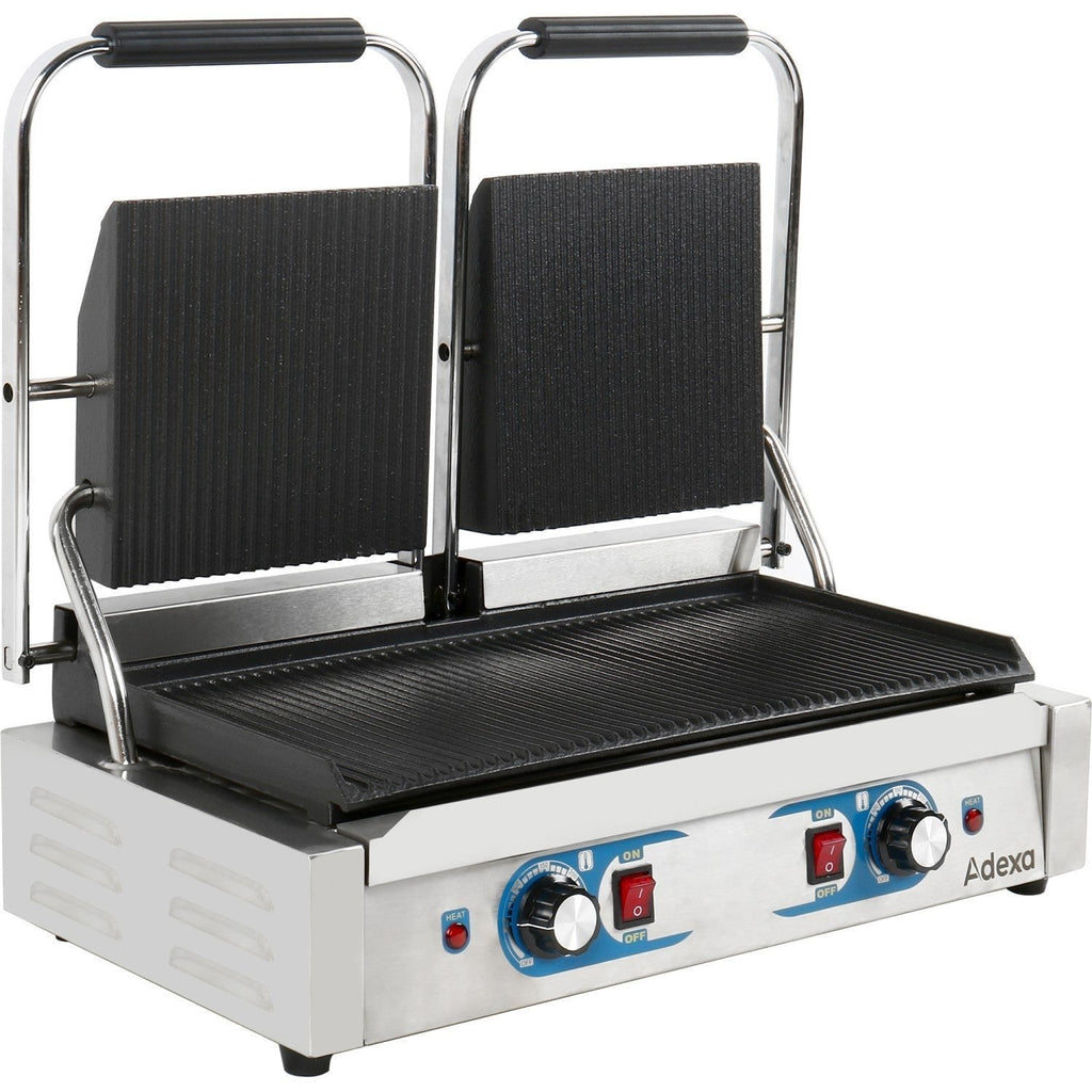 Heavy Duty Twin Panini Contact grill Dual Zone 3.6kW Ribbed | Adexa MLP813